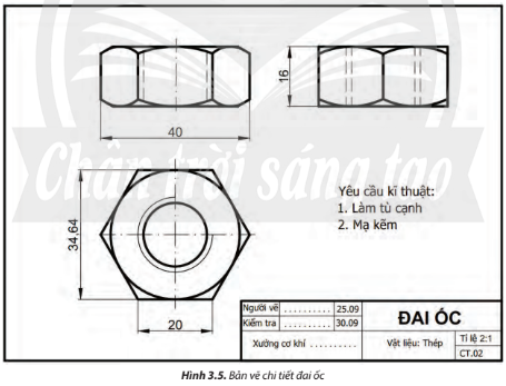 Đọc bản vẽ chi tiết đai ốc (Hình 3.5) theo quy trình đã học và ghi kết quả vào vở. 