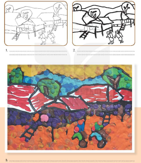 Câu hỏi 2. Hãy mô tả các bước gợi ý thực hành sáng tạo một bức tranh đề tài Cảnh đẹp quê hương bằng hình thức đắp nổi