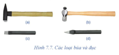 Kể tên các loại búa và đục mà em quan sát được ở Hình 7.7