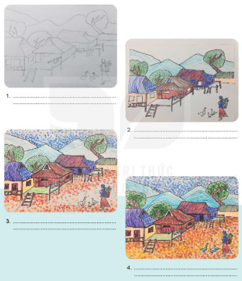 Câu hỏi 3. Hãy mô tả cách thực hành sản phẩm mĩ thuật thể hiện về chủ đề Quê hương thanh bình bằng hình thức vẽ