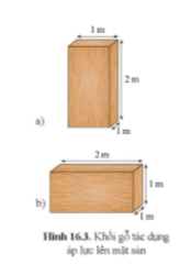 Một khối gỗ hình hộp chữ nhật có kích thước 1 m x 1 m x 2 m và có trọng lượng 200 N. Tính áp suất khối gỗ tác dụng lên mặt sàn trong hai trường hợp ở hình 16.3.