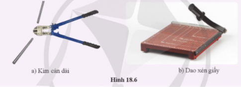 Hình 18.6 là ảnh chiếc kìm cán dài dùng để cắt sắt (hình 18.6a) và dao xén giấy (hình 18.6b) . Trong mỗi hình, nêu rõ bộ phận nào của dụng cụ sẽ quay được khi chịu lực tác dụng.