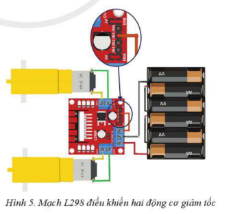 Em hãy kết nối mạch L298 (Hình 5) để điều khiển hai động cơ giảm tốc và thực hiện các công việc sau đây