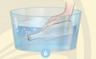 Quan sát hình 6 và giải thích vì sao có bong bóng nổi lên khi nhúng chìm chai rỗng không đóng nắp vào trong nước.