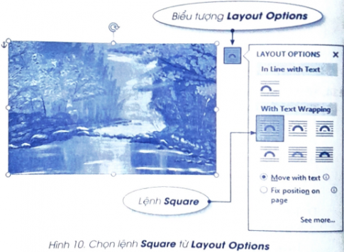 Khi chọn ảnh, biểu tượng Layout Options xuất hiện (xem Hình 10). Thao tác nháy chuột vào biểu tượng này rồi chọn lệnh Square có tác dụng nào sau đây?