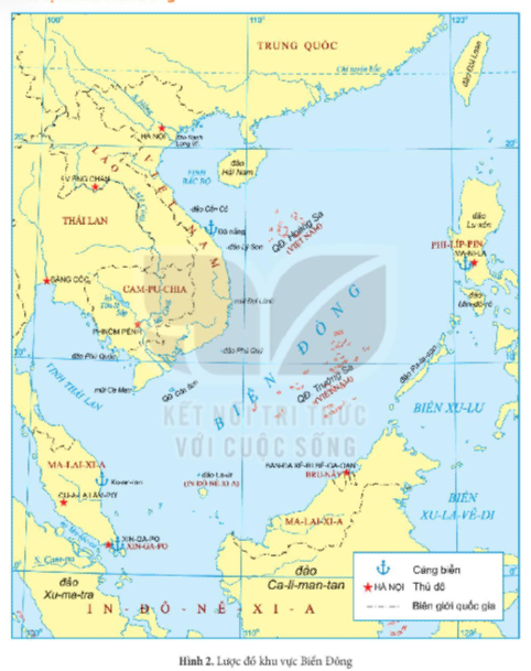 Quan sát lược đồ Hình 2 (tr. 74) và dựa vào thông tin trong mục, xác định vị trí của Biển Đông. Kể tên các nước và vùng lãnh thổ tiếp giáp với Biển Đông.