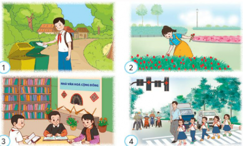 Nhận diện những hành vi có văn hoá nơi công cộng trong các tranh dưới đây.