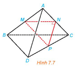 Cho tam giác MNP vuông tại N và một điểm A nằm ngoài mặt phẳng (MNP). Lần lượt lấy các điểm B, C, D sao cho M, N, P tương ứng là trung điểm của AB, AC, CD (H.7.7). Chứng minh rằng AD và BC vuông góc với nhau và chéo nhau.