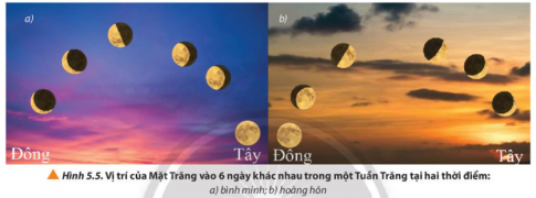 Quan sát hình 5.5 để mô tả hình dạng và vị trí của Mặt Trăng trong một Tuần Trăng nếu ta quan sát vào 6 ngày khác nhau trong tháng 10 tại Hà Nội...