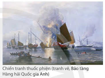 Bức tranh bên miêu tả cảnh tàu hơi nước của Anh tấn công và phá huỷ thuyền buồm của Trung Quốc tại Xuyên Tỵ