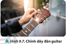 Giải thích vì sao khi vặn khoá để chính dây đàn guitar (Hình 9,7), ta có thể tạo ra hệ sống dùng trên dây. Biết tốc độ truyền sóng trên dây phụ thuộc lực căng dây.