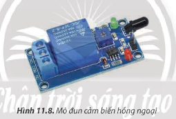 Em hãy sử dụng mô đun cảm biến hồng ngoại (Hình 11.8) để lắp ráp mạch điện điều khiển bóng đèn tự động bật, tắt khi có người và không có người.