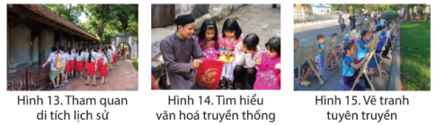 Quan sát các hình 13, 14, 15, em hãy cho biết các bạn học sinh đã tham gia những hoạt động nào để góp phần giữ gìn và phát huy truyền thống văn hóa của Thăng Long - Hà Nội.